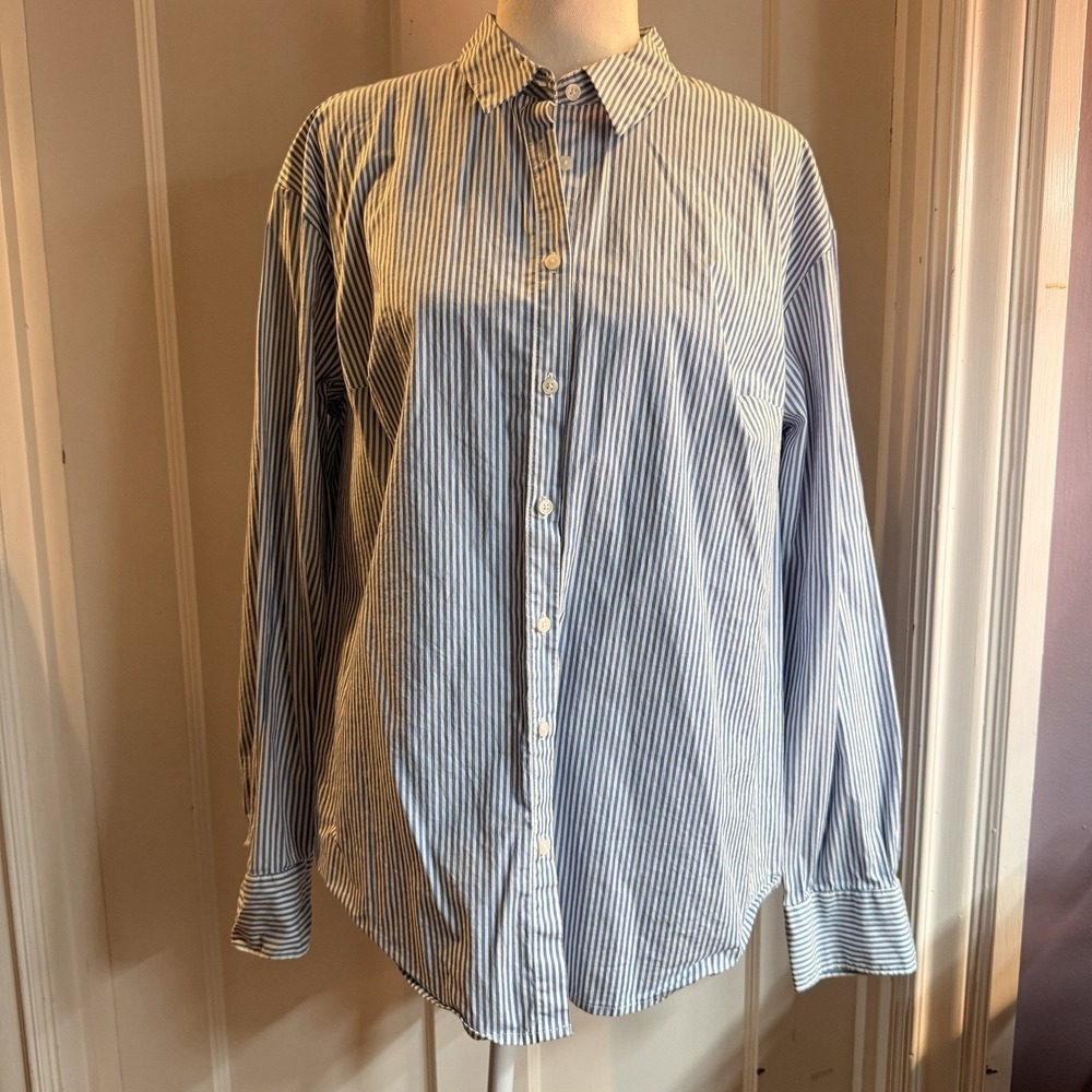A‎ New Day Womens Long Sleeve Button Up Shirt Blue/White Striped Size XL